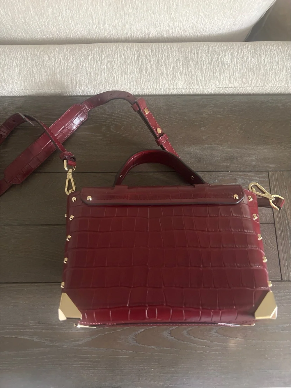 Michael Kors Burgundy Croc-Embossed Manhattan Satchel with Gold Hardware